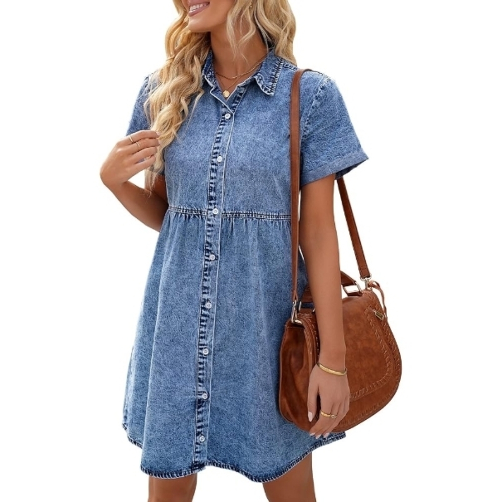 Denim Short Sleeve Button Down Tiered Babydoll Dress